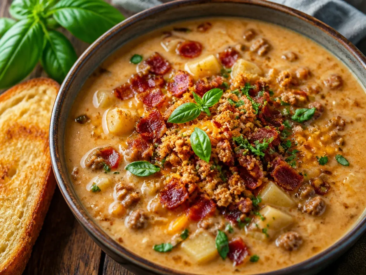 Ultimate loaded bacon cheeseburger soup with bacon, cheese, pickles and burger sauce