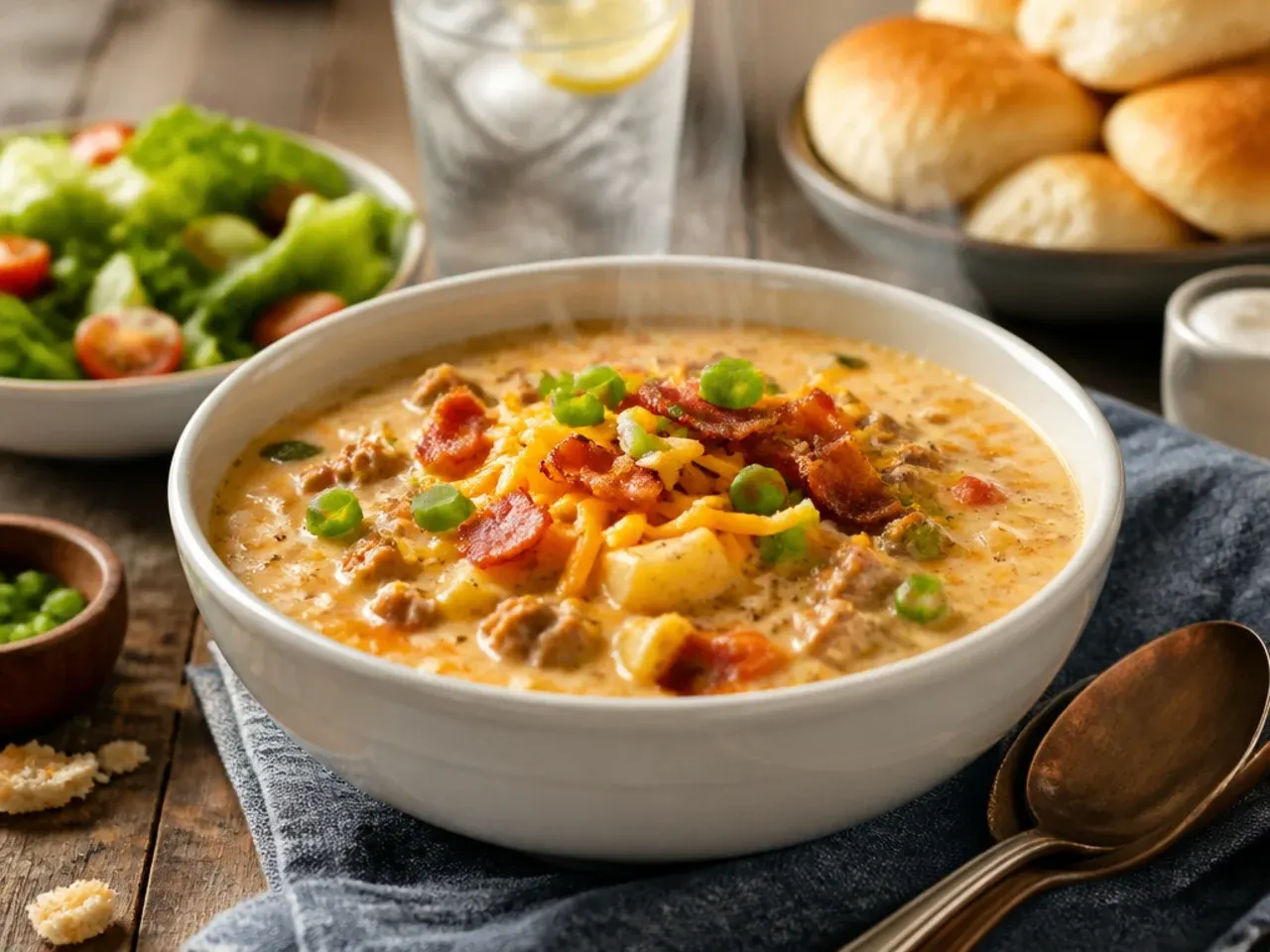 Bowl of bacon cheeseburger soup served with a slice of garlic bread on the side