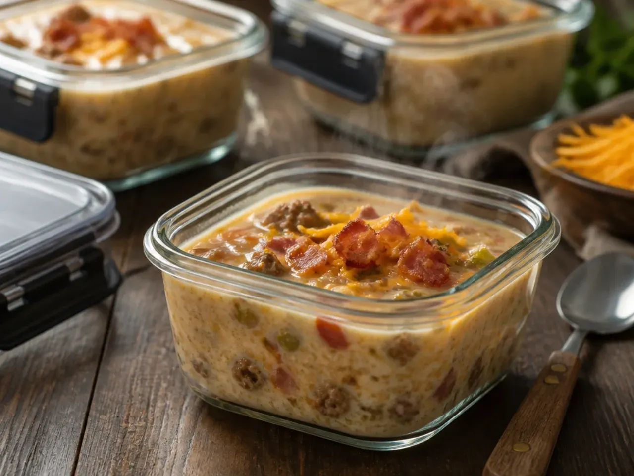 Bacon cheeseburger soup stored in a glass airtight container for the fridge