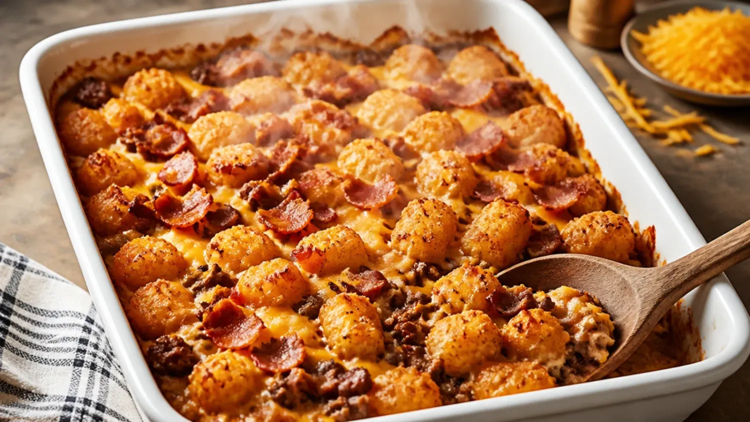 Overhead shot of a bubbling bacon cheeseburger tater tot casserole in a white baking dish, crispy golden tots on top with melted cheddar and crumbled bacon, a serving spoon lifting a cheesy portion