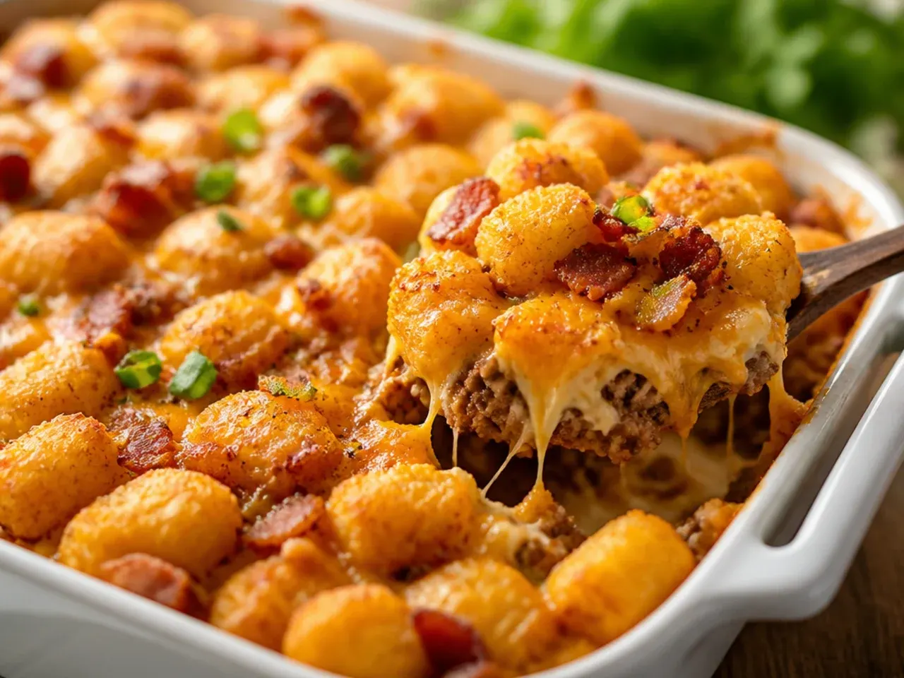 Overhead view of a freshly baked bacon cheeseburger tater tot casserole surrounded by small bowls of shredded cheese, crumbled bacon and tater tots