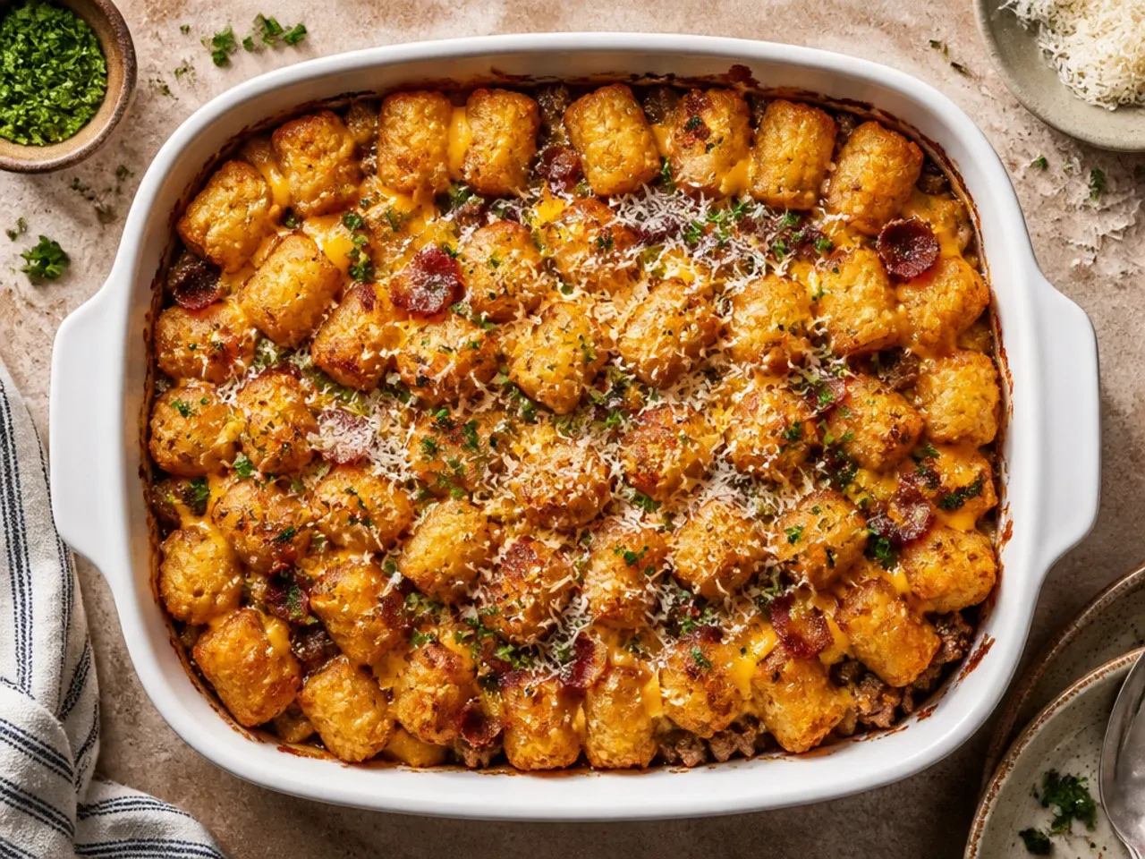 Close-up of classic diner-style bacon cheeseburger tater tot casserole with a golden crispy top and melted cheese pull