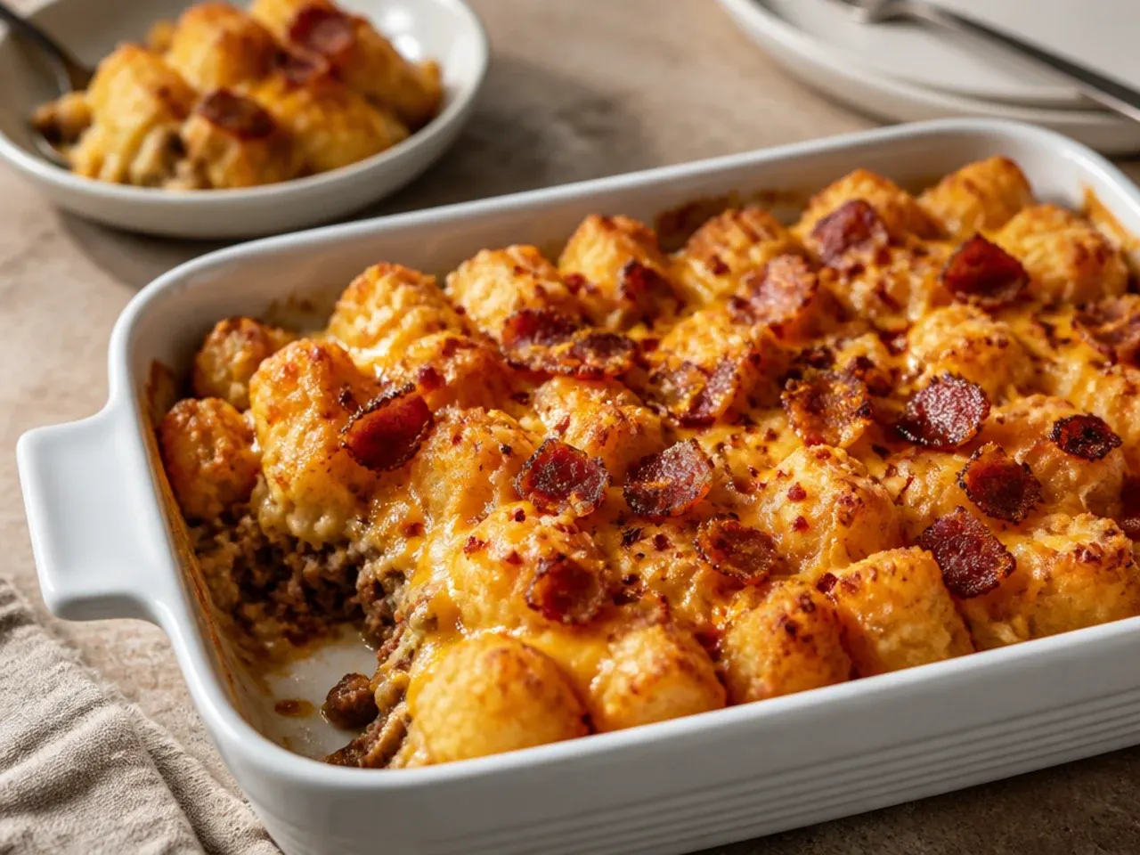 Simple six-ingredient bacon cheeseburger tater tot casserole in a baking dish with minimal garnish