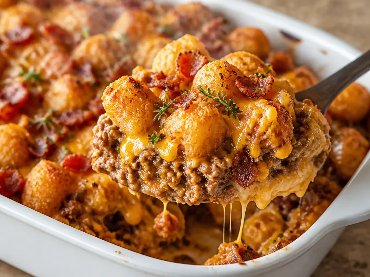 Hearty double-beef bacon cheeseburger tater tot casserole loaded with extra meat and melted cheese