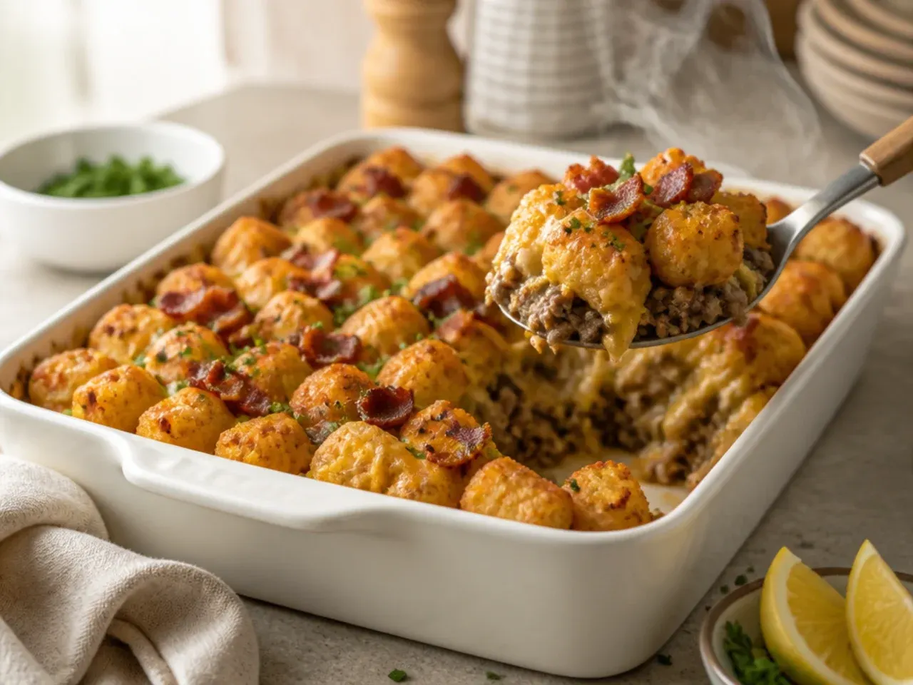 Cozy bacon cheeseburger tater tot casserole with visible deeply caramelised onion in the beef layer