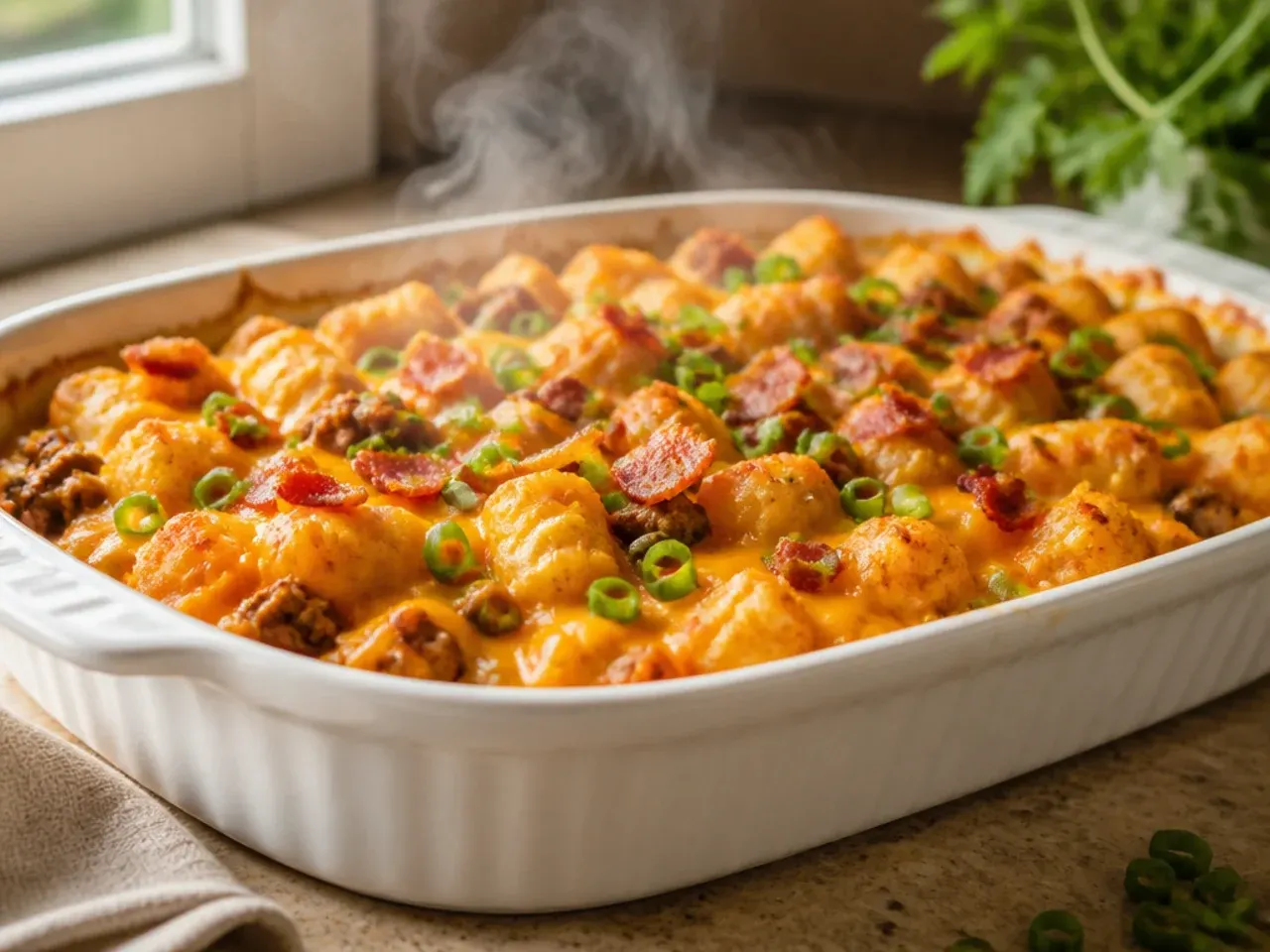 Creamy bacon cheeseburger tater tot casserole with a visibly rich, silky cream cheese sauce