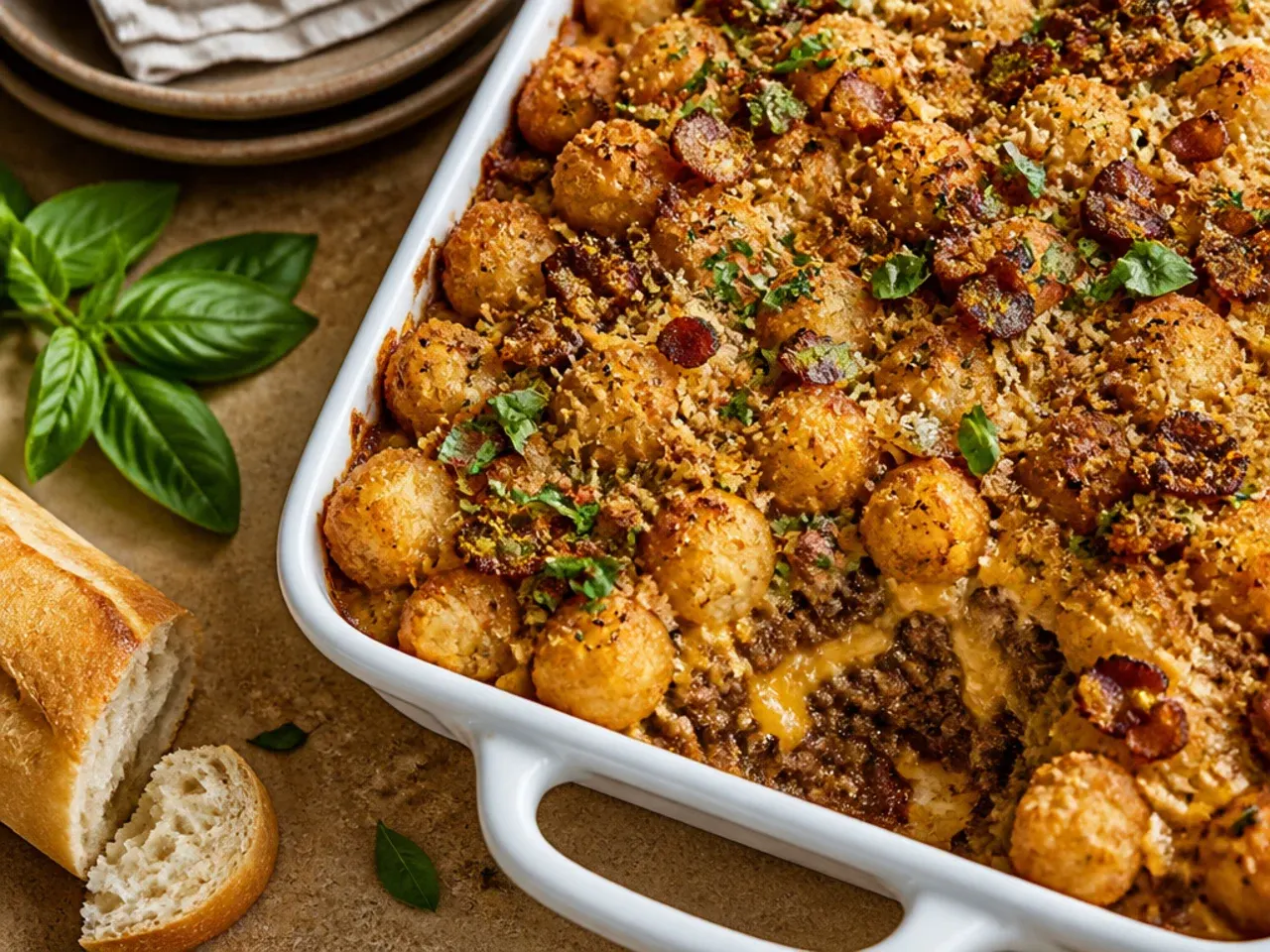 Simple sheet-pan bacon cheeseburger tater tot casserole spread thin with extra-crispy golden tots