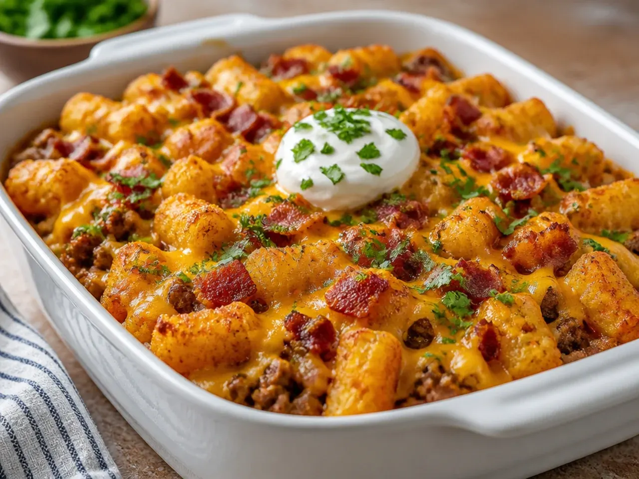 Extra-cheesy bacon cheeseburger tater tot casserole with a thick, bubbling layer of three melted cheeses