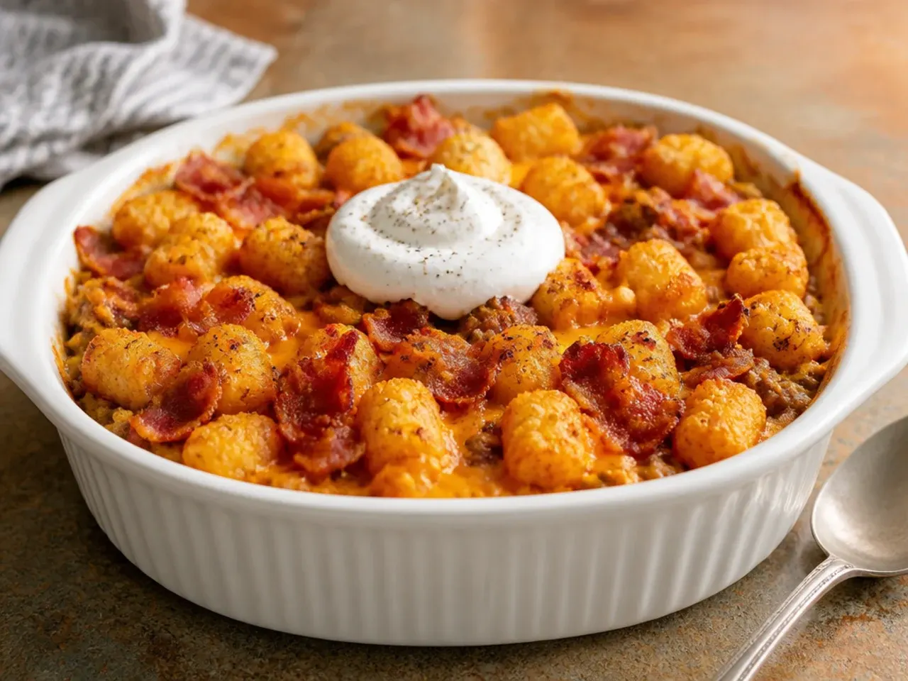 Comforting bacon cheeseburger tater tot casserole showing a soft mashed potato layer beneath the crispy tots