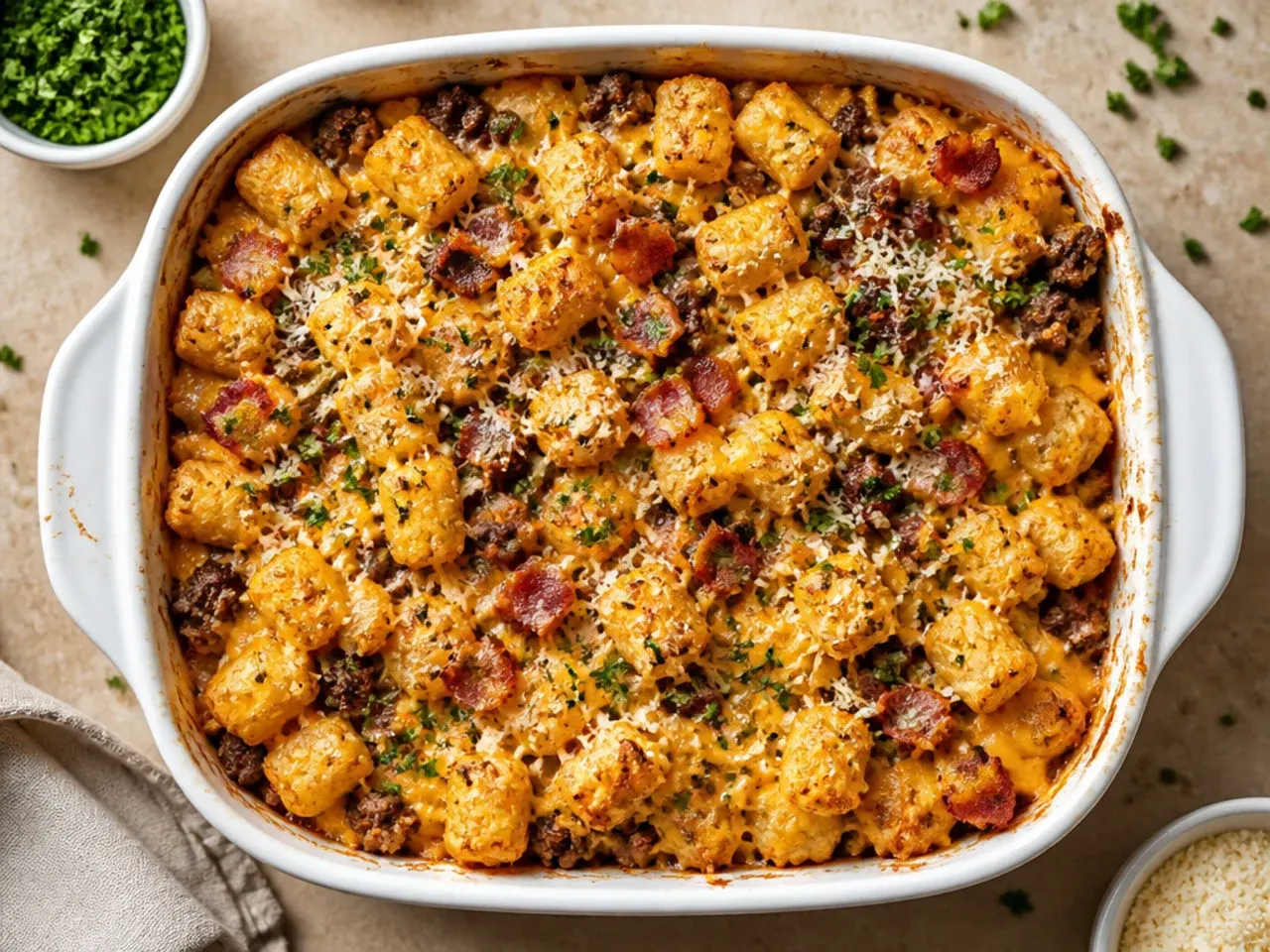 Budget-friendly bacon cheeseburger tater tot casserole made with simple pantry-cupboard ingredients