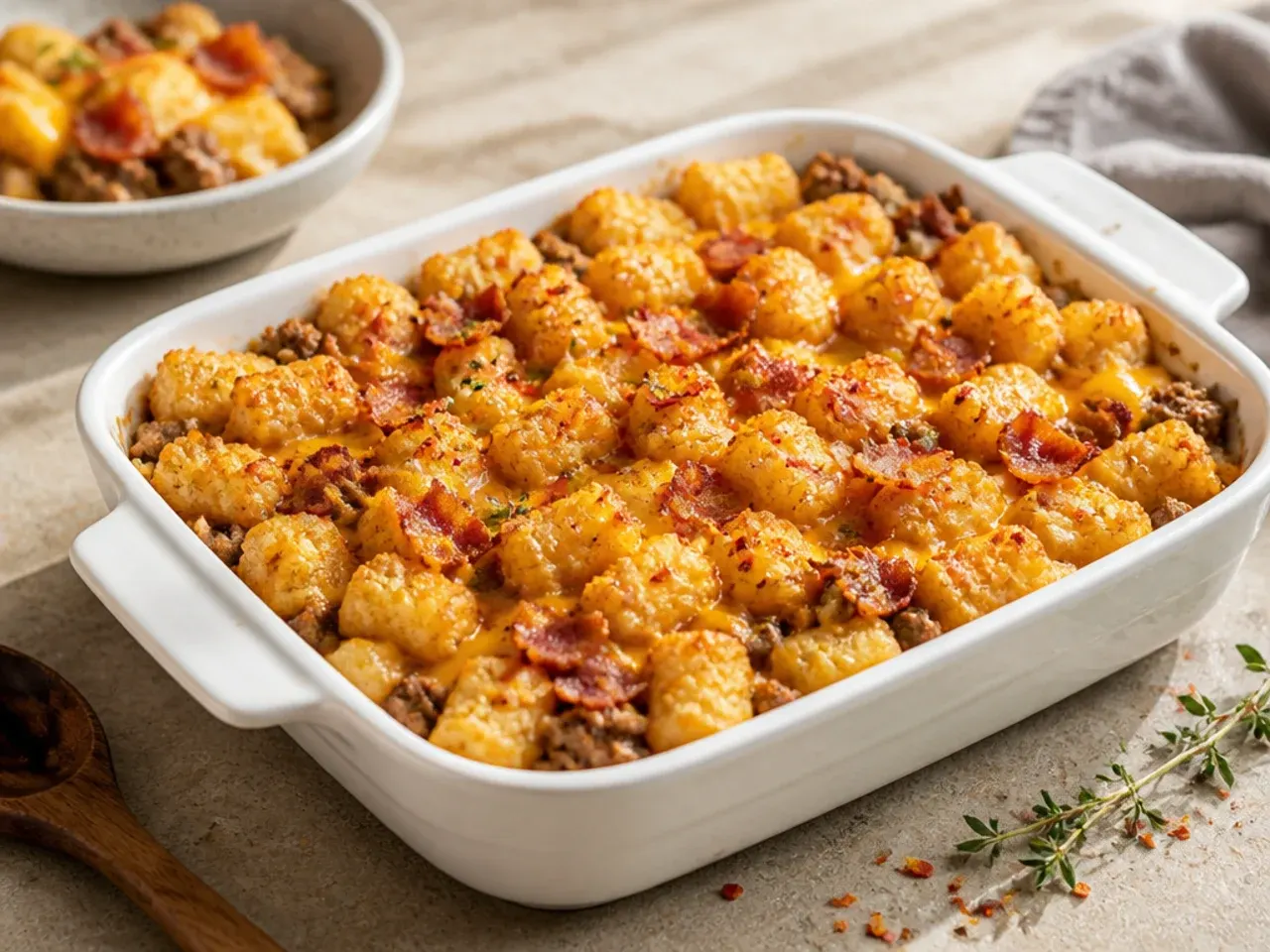 Quick weeknight bacon cheeseburger tater tot casserole being served straight from the baking dish