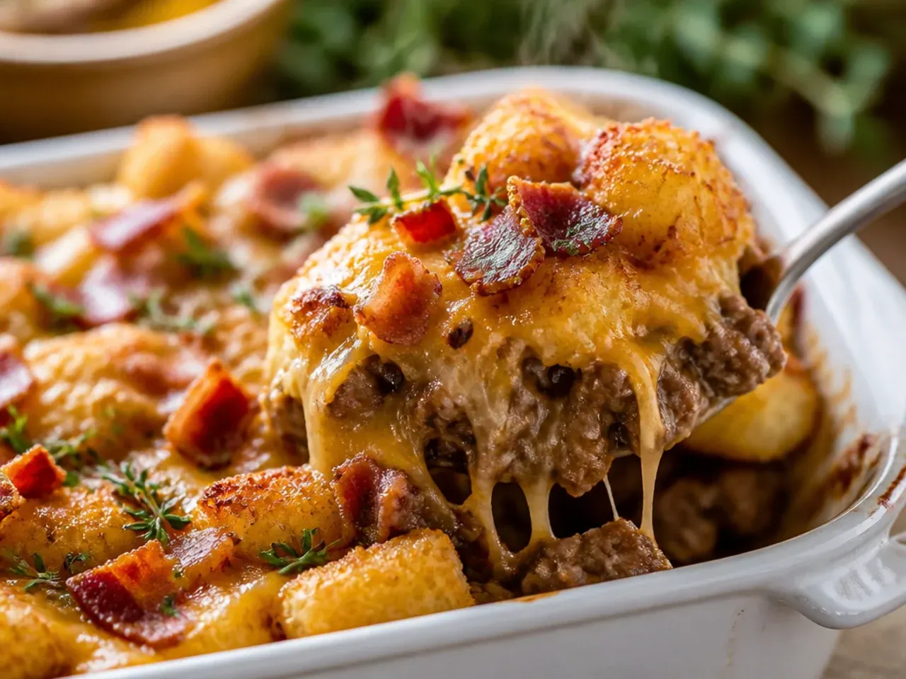 Rustic cast-iron skillet bacon cheeseburger tater tot casserole with a browned, caramelised edge