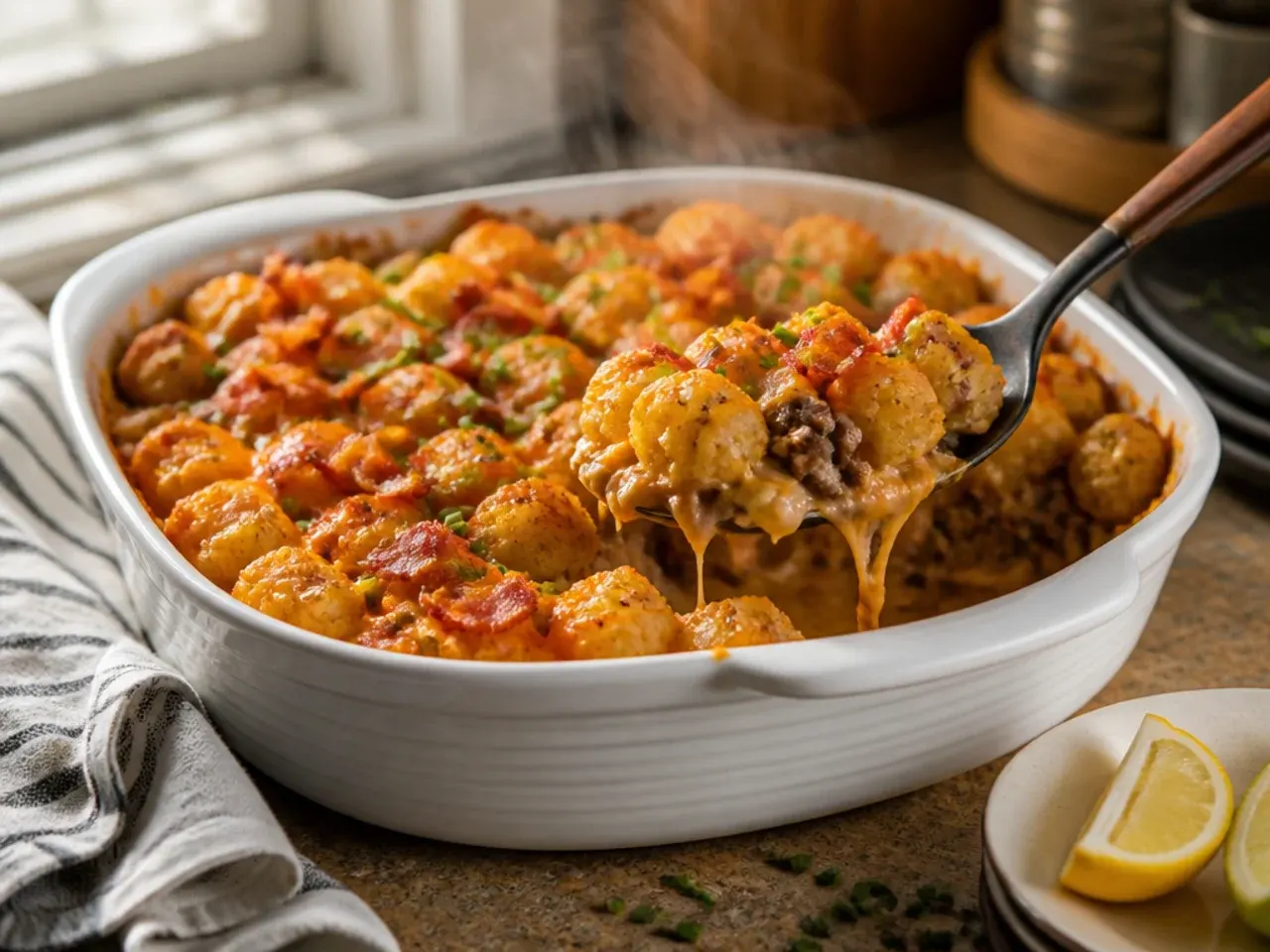 Loaded Big Mac-style bacon cheeseburger tater tot casserole drizzled with special sauce and diced pickles