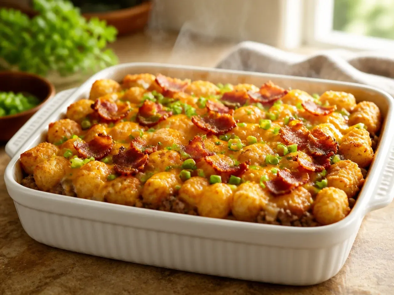 Large family-size bacon cheeseburger tater tot casserole in an oversized roasting tin, ready to serve a crowd