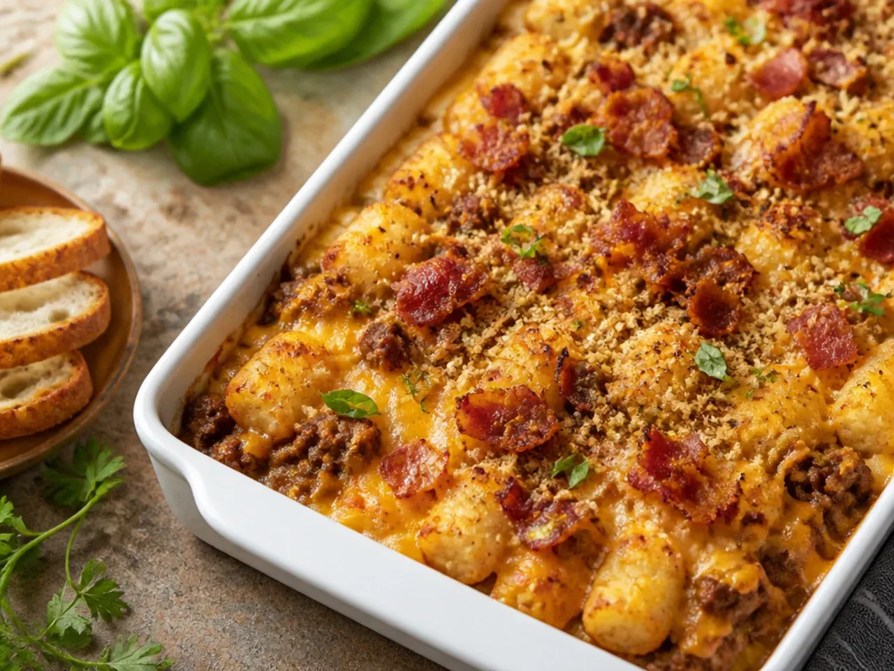 Best-ever smoky barbecue bacon cheeseburger tater tot casserole drizzled with extra barbecue sauce and bacon