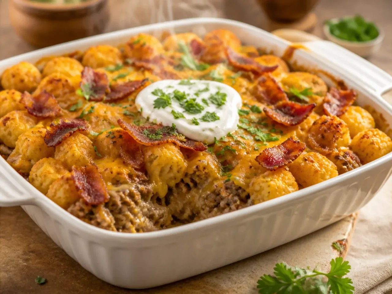 One-pot skillet bacon cheeseburger tater tot casserole baked and served directly from a single oven-safe pot