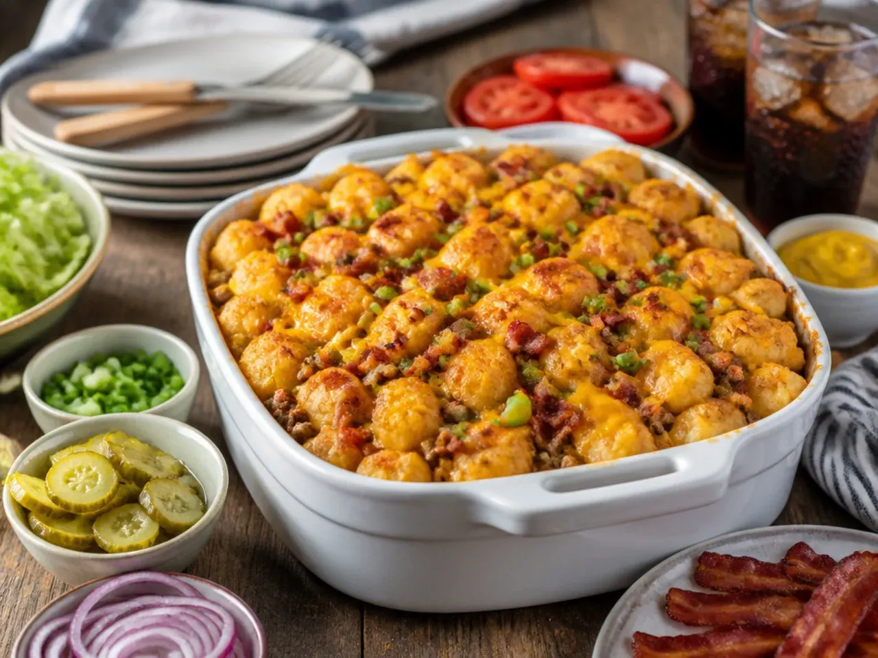 Plated serving of bacon cheeseburger tater tot casserole alongside a fresh green salad and steamed green beans