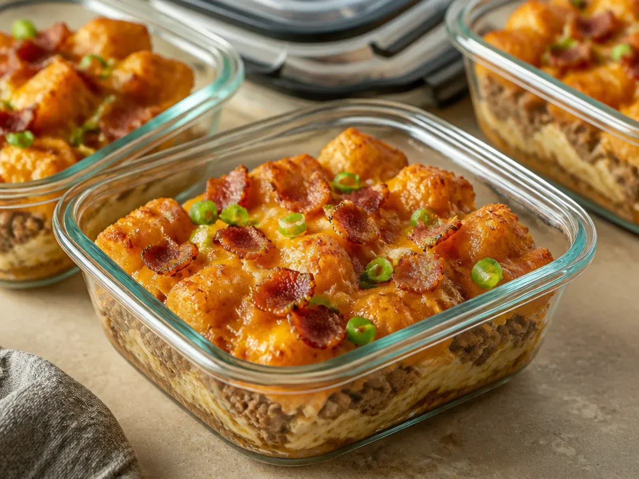 Airtight container of leftover bacon cheeseburger tater tot casserole portions ready to store in the fridge