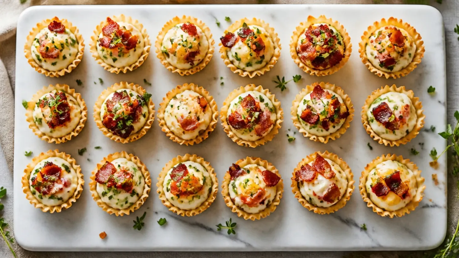 A tray of golden mini phyllo cups filled with melted cheese, crispy bacon bits and a scatter of chopped chives
