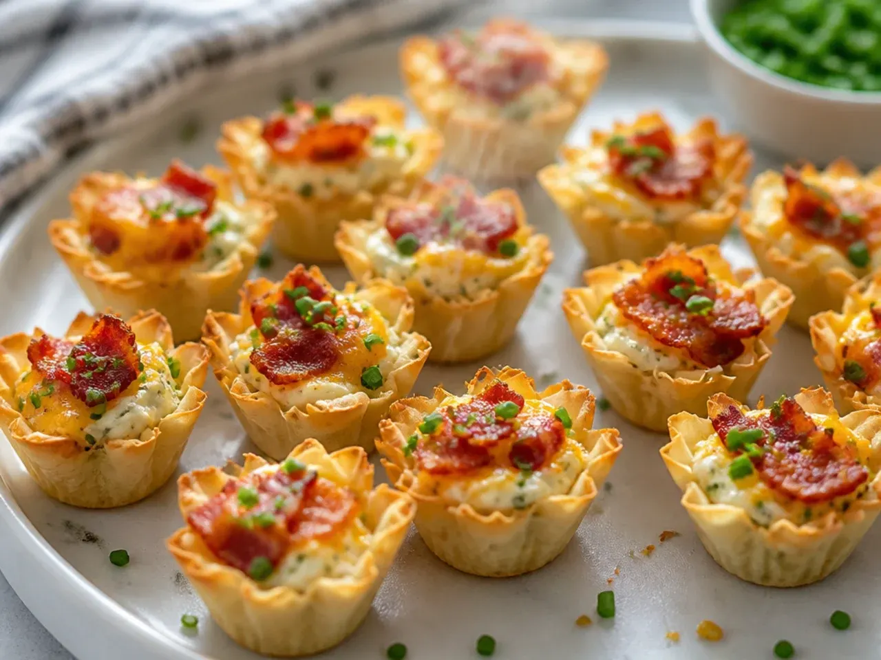 A teaspoon levelling cheese and bacon filling into a mini phyllo shell