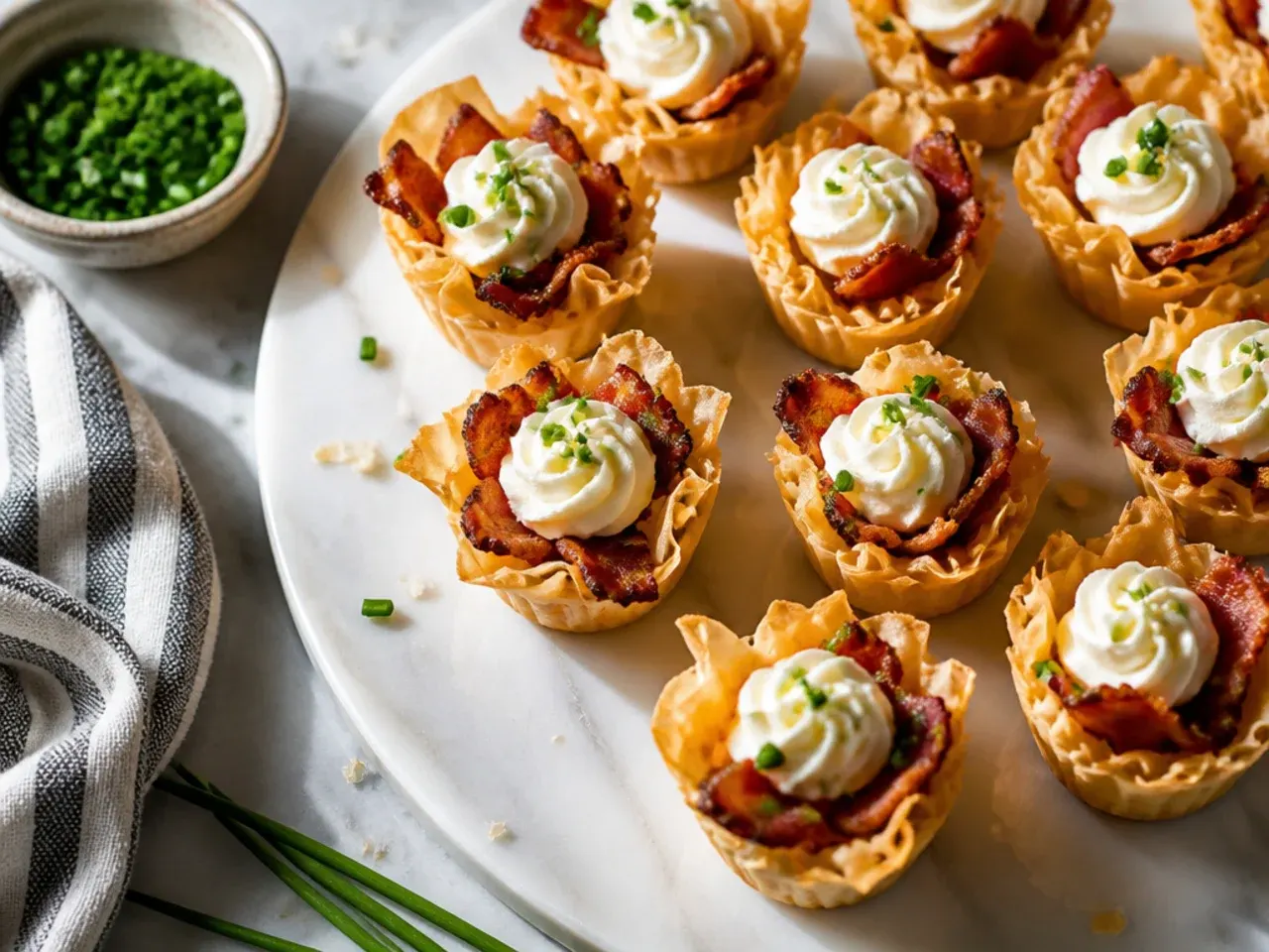 A tray of baked bacon phyllo cups cooling before being transferred to a serving plate