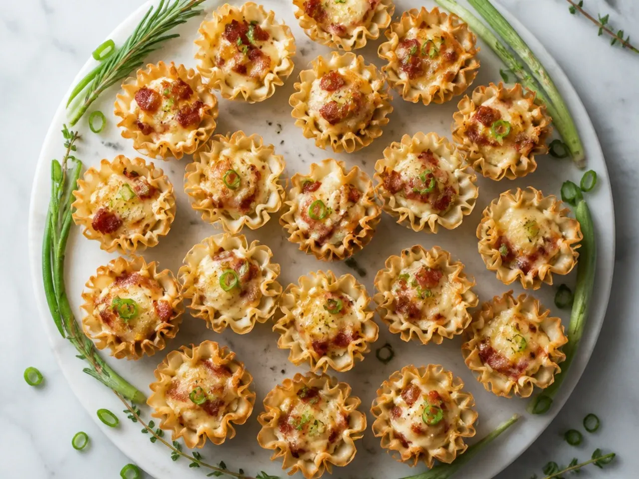 Softened bacon and cheese filling being gently spooned into a phyllo shell