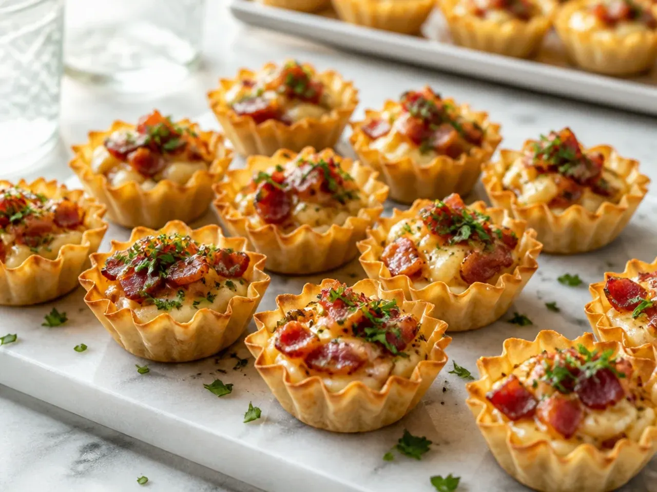 Freshly chopped chives being sprinkled over baked bacon phyllo cups