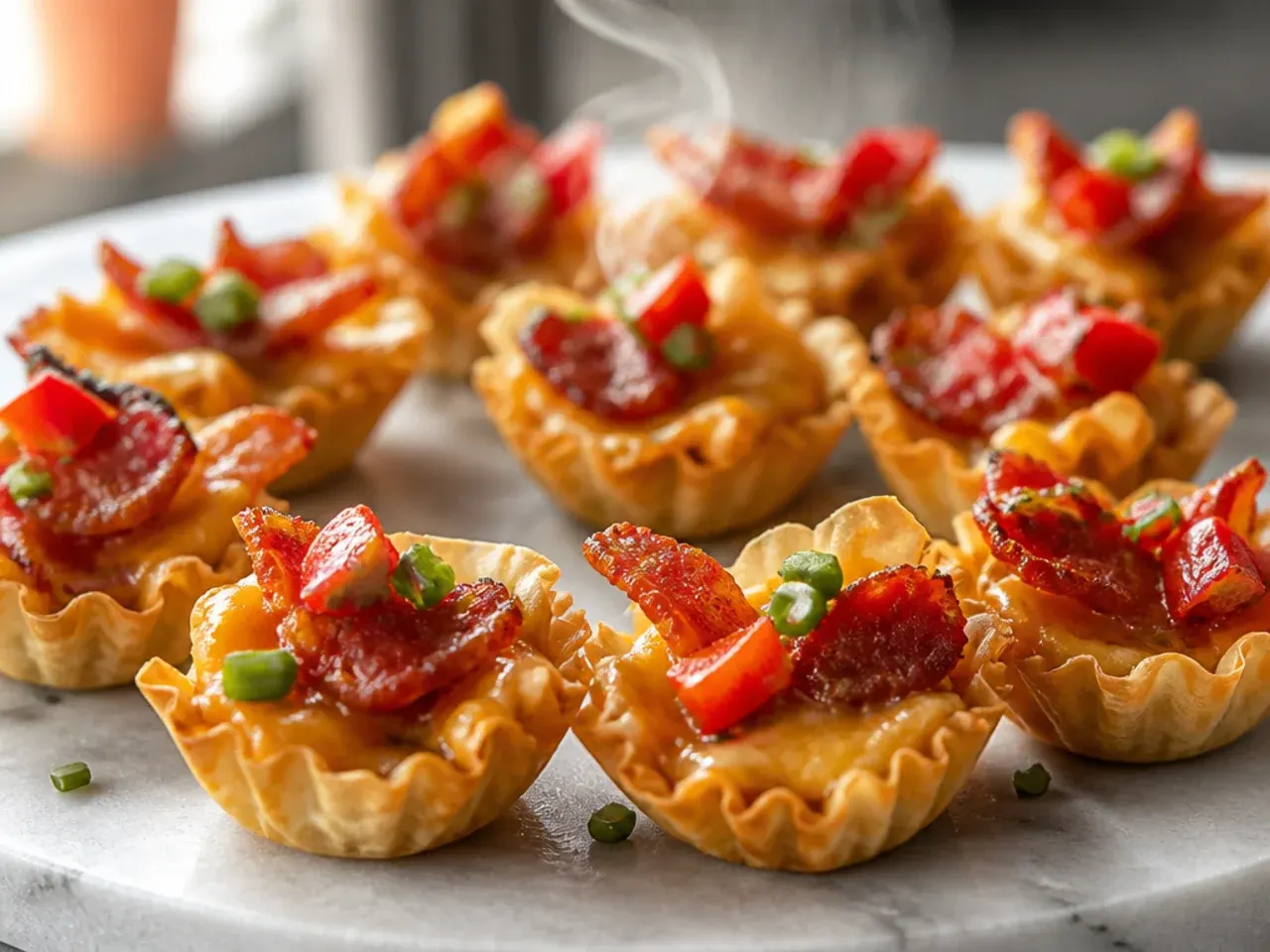 Two boxes of mini phyllo shells alongside a bowl of bacon cheese filling