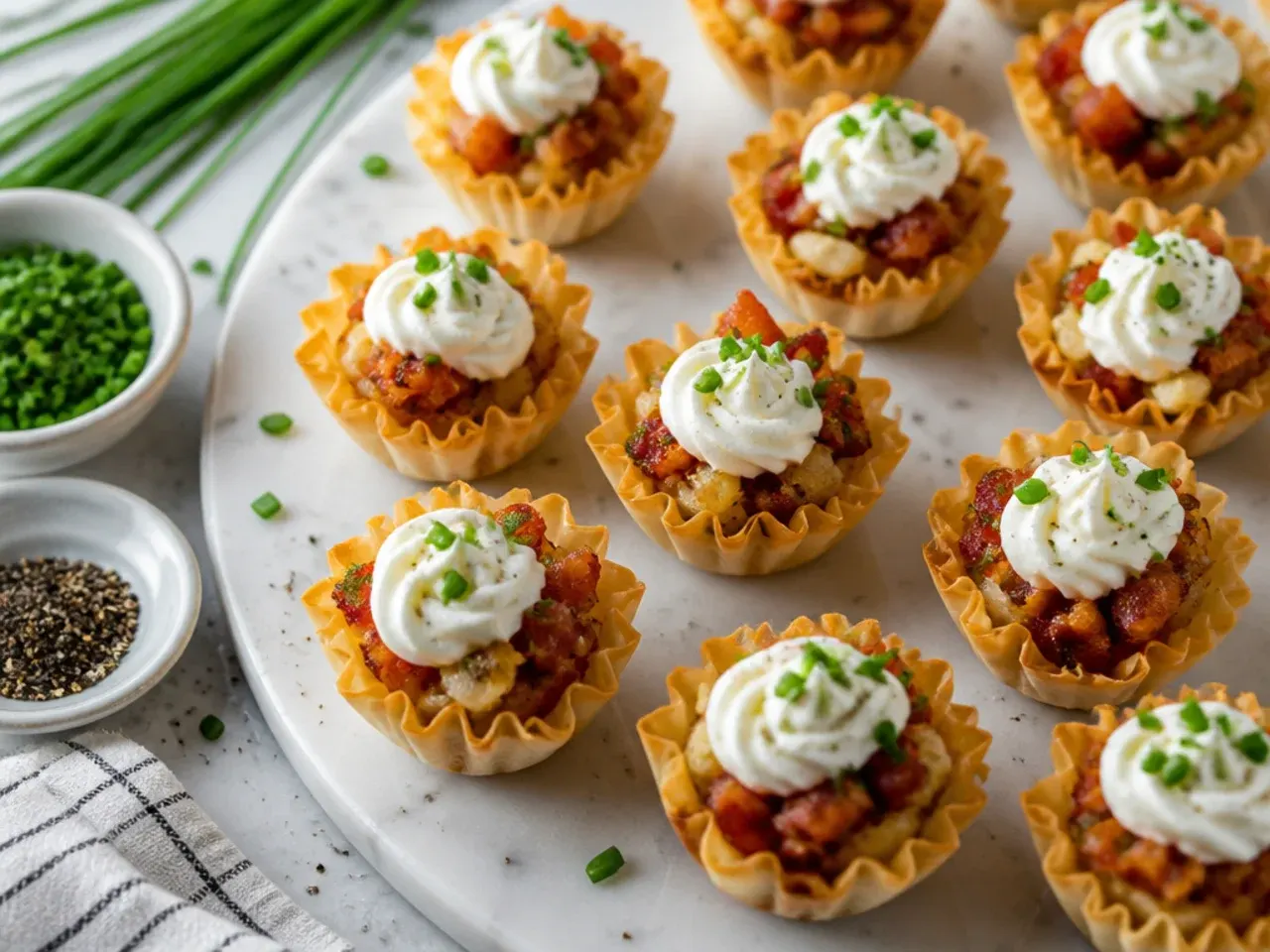 Bacon phyllo cups being reheated on a tray in a hot oven
