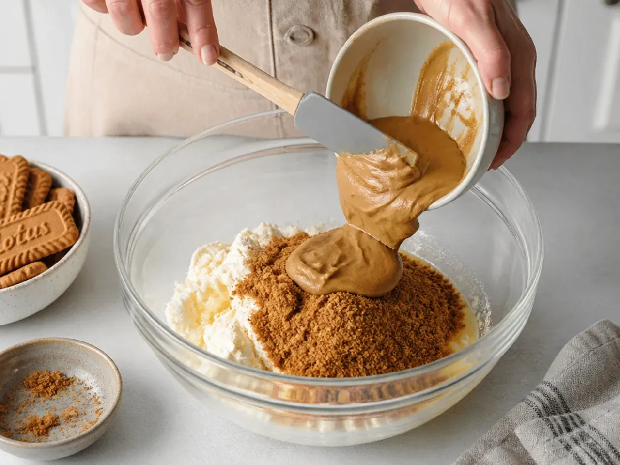 baked biscoff cheesecake — step 3: add the biscoff and wet ingredients
