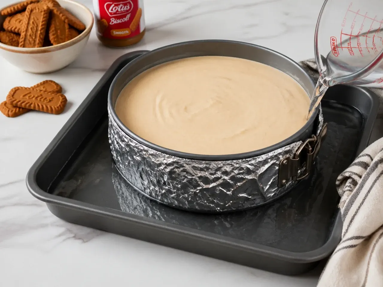 baked biscoff cheesecake — step 5: fill and bake low and slow
