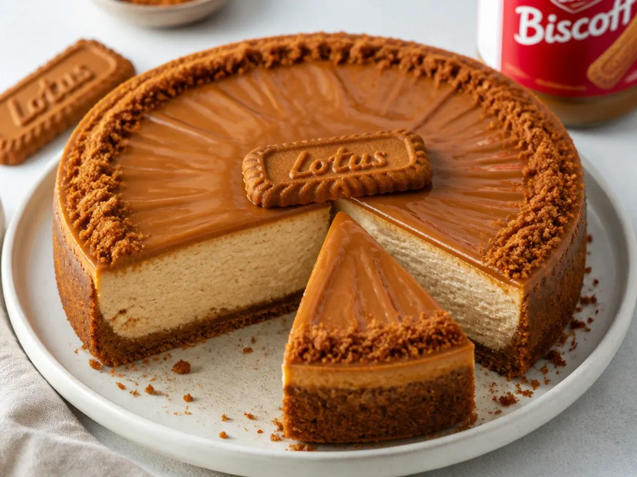 Sliced baked Biscoff cheesecake with a glossy cookie butter top and Lotus biscuit crust