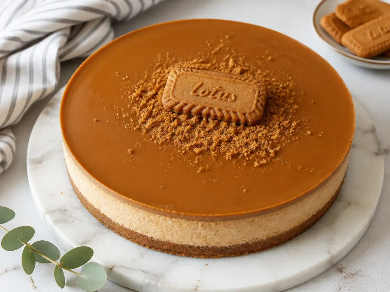 Classic caramelised baked Biscoff cheesecake with a smooth glossy cookie butter top