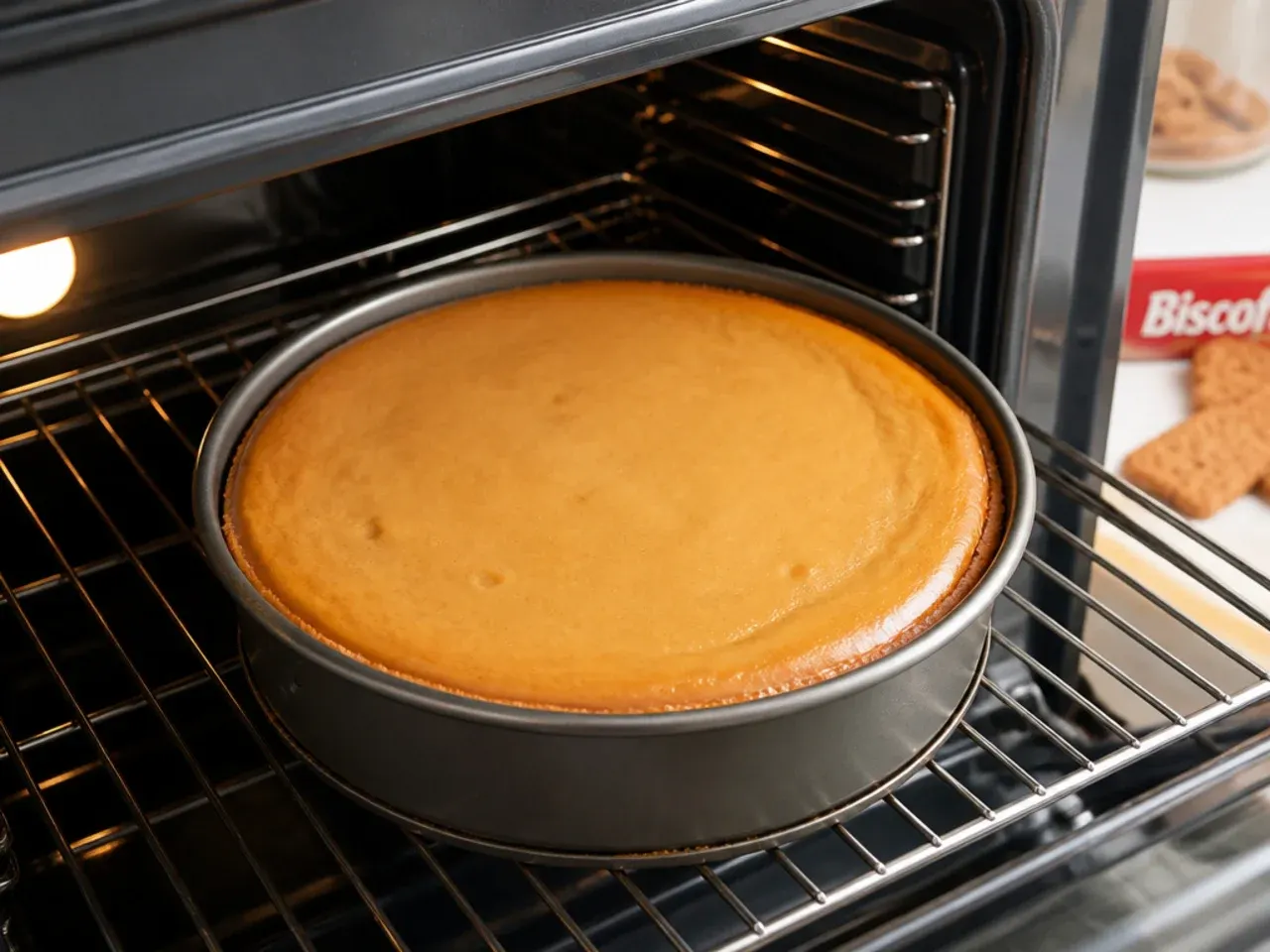 Easy no-water-bath baked Biscoff cheesecake cooling in the oven with a set top