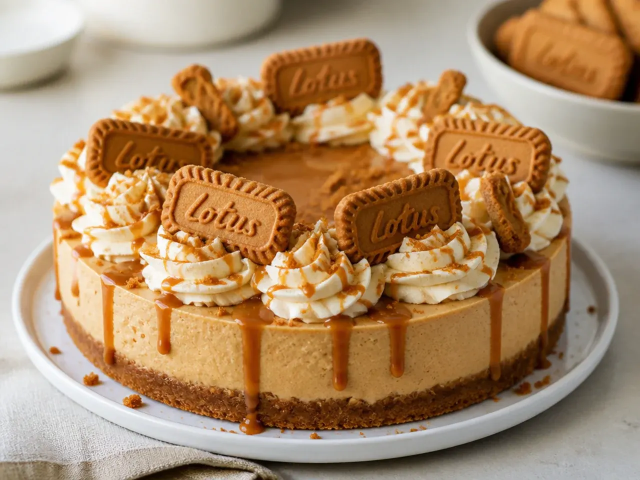 Elegant salted caramel Biscoff cheesecake topped with cream rosettes and Lotus biscuits
