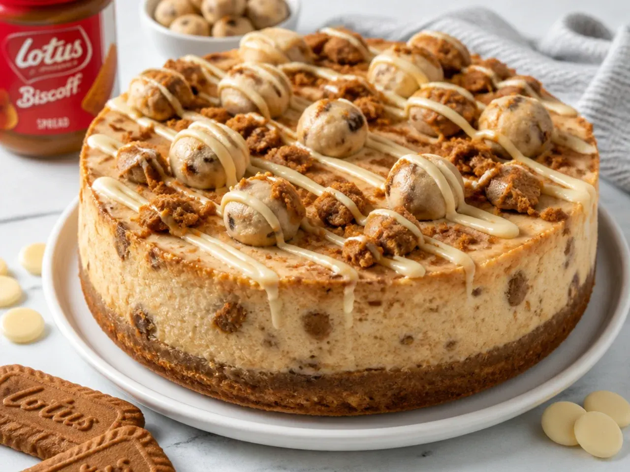 Playful baked Biscoff cheesecake studded with frozen cookie dough chunks and white chocolate drizzle