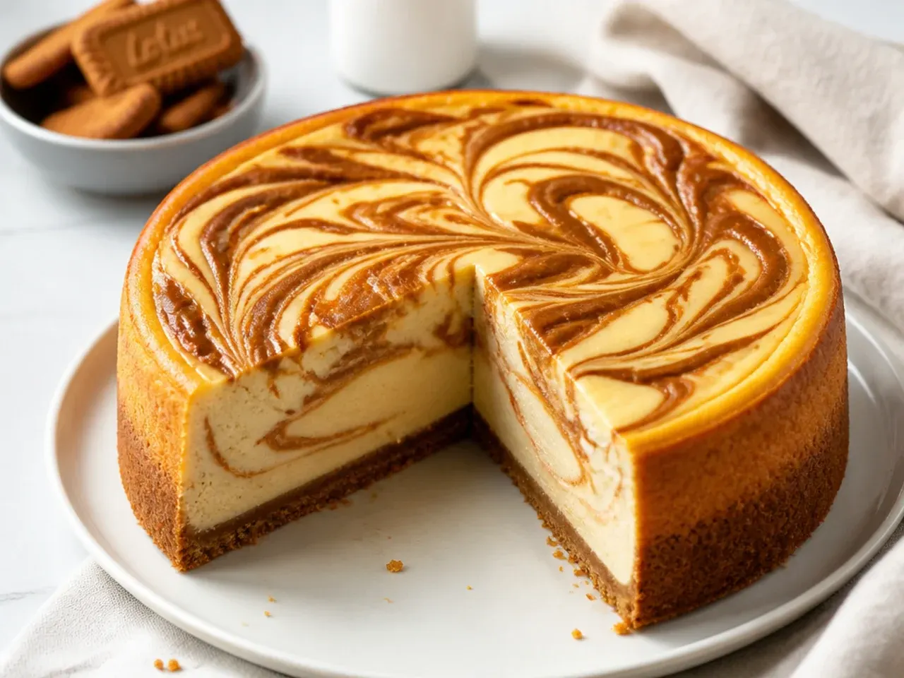 Modern marbled Biscoff swirl cheesecake with ribbons of cookie butter baked through