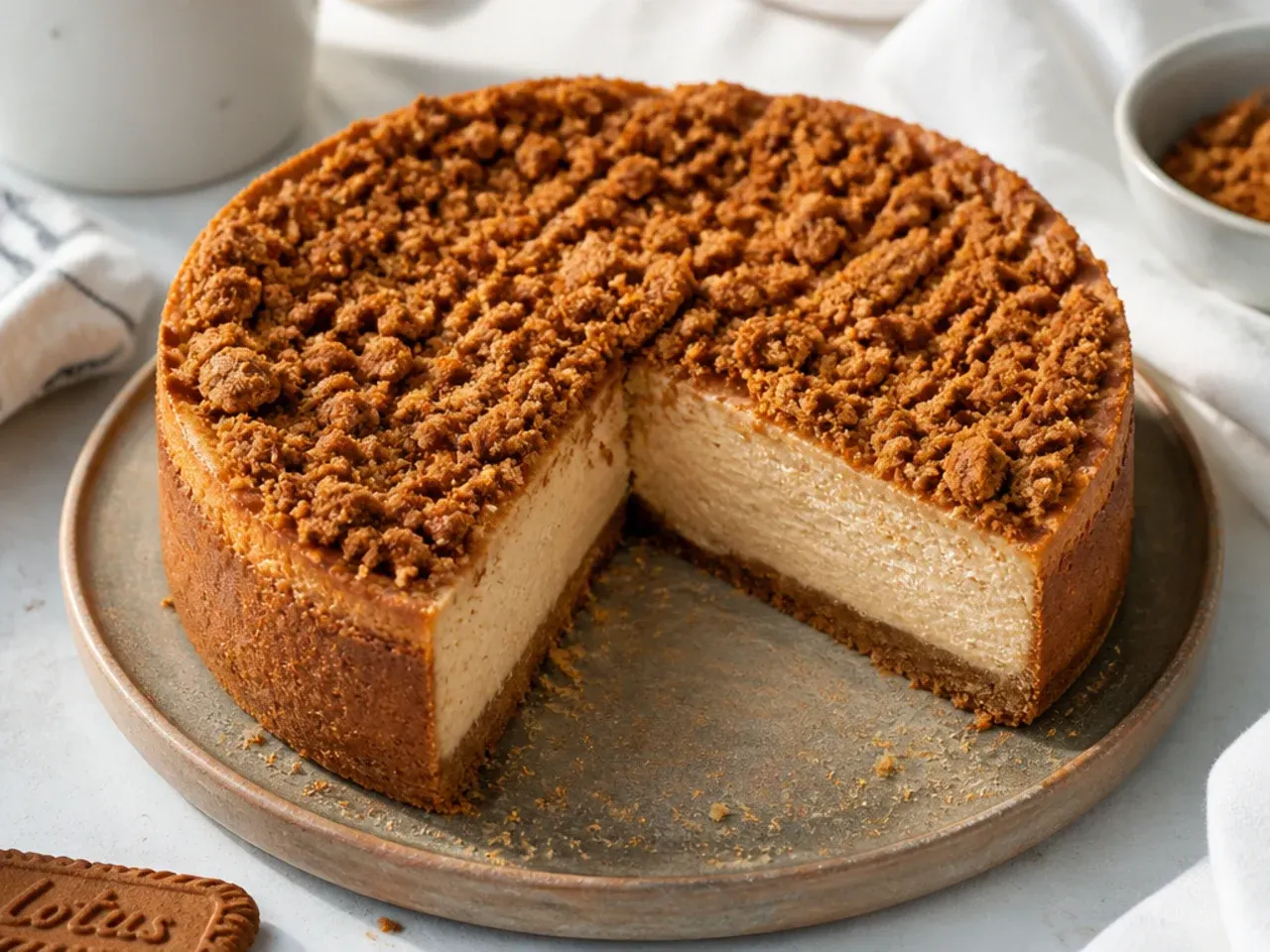 Rustic brown-butter baked Biscoff cheesecake with a craggy crumb-topped surface