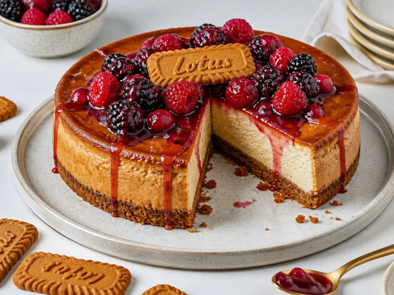 Colourful berry-topped baked Biscoff cheesecake with raspberry and blackberry compote