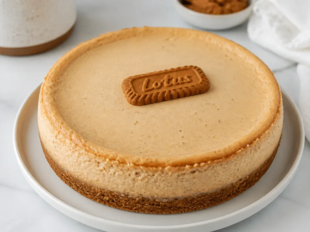 Minimal naked baked Biscoff cheesecake with a bare top and a single Lotus biscuit