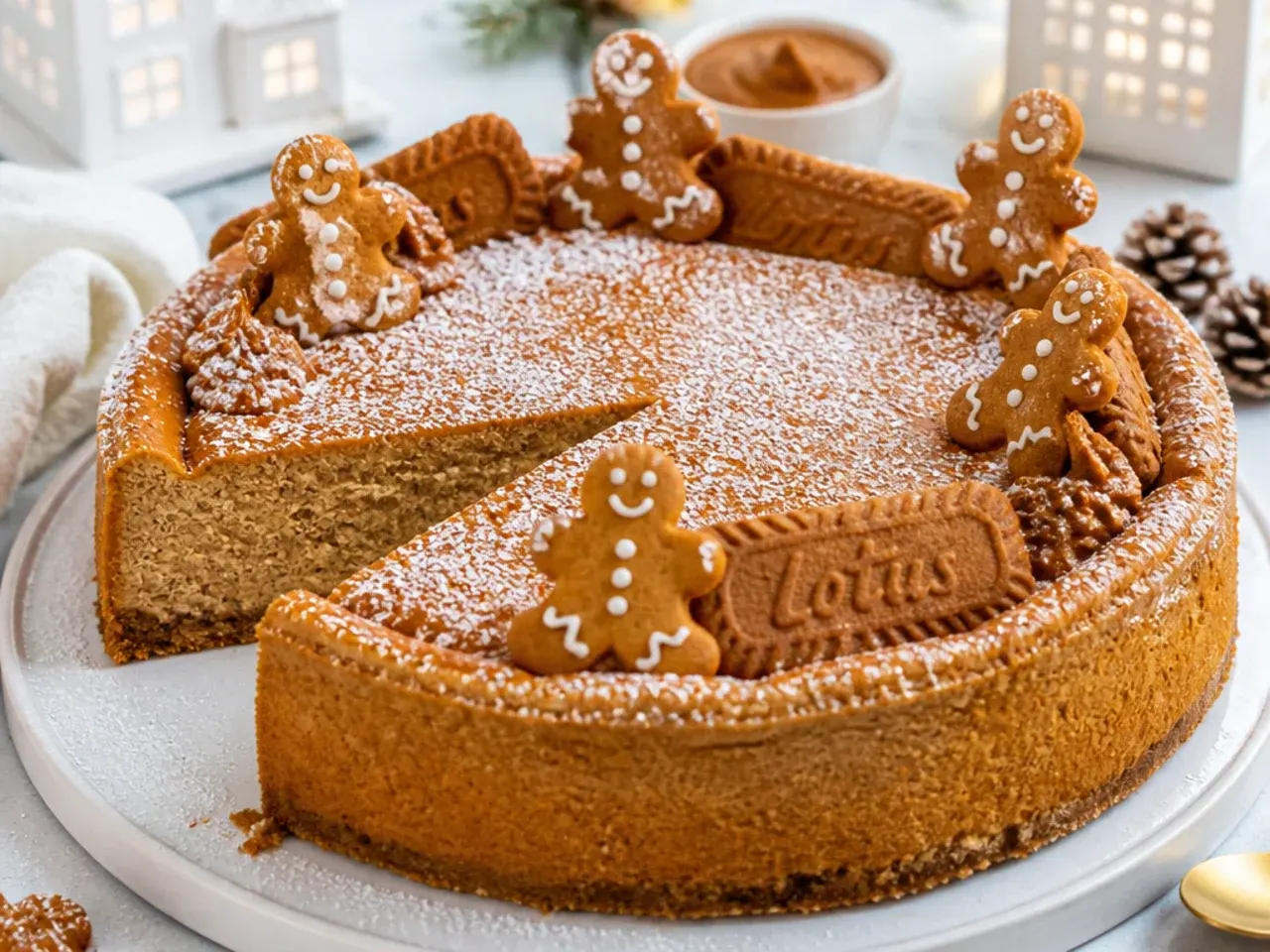 Festive gingerbread baked Biscoff cheesecake dusted with icing sugar and mini gingerbread