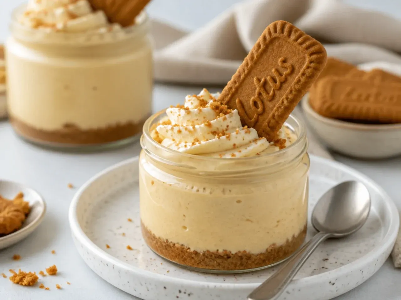 Whimsical mini baked Biscoff cheesecake jars with cream swirls and Lotus biscuits