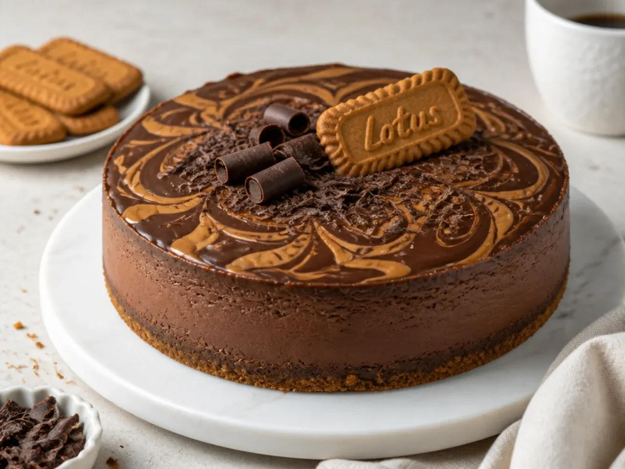 Bold dark chocolate baked Biscoff cheesecake with marbled ganache and chocolate curls