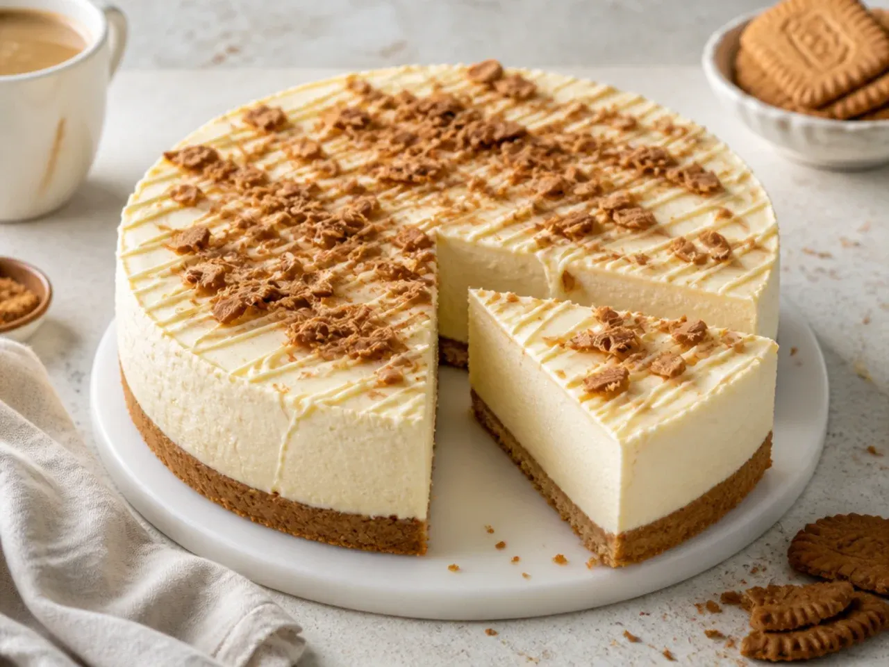 Delicate white chocolate baked Biscoff cheesecake with a thin drizzle and chocolate shards