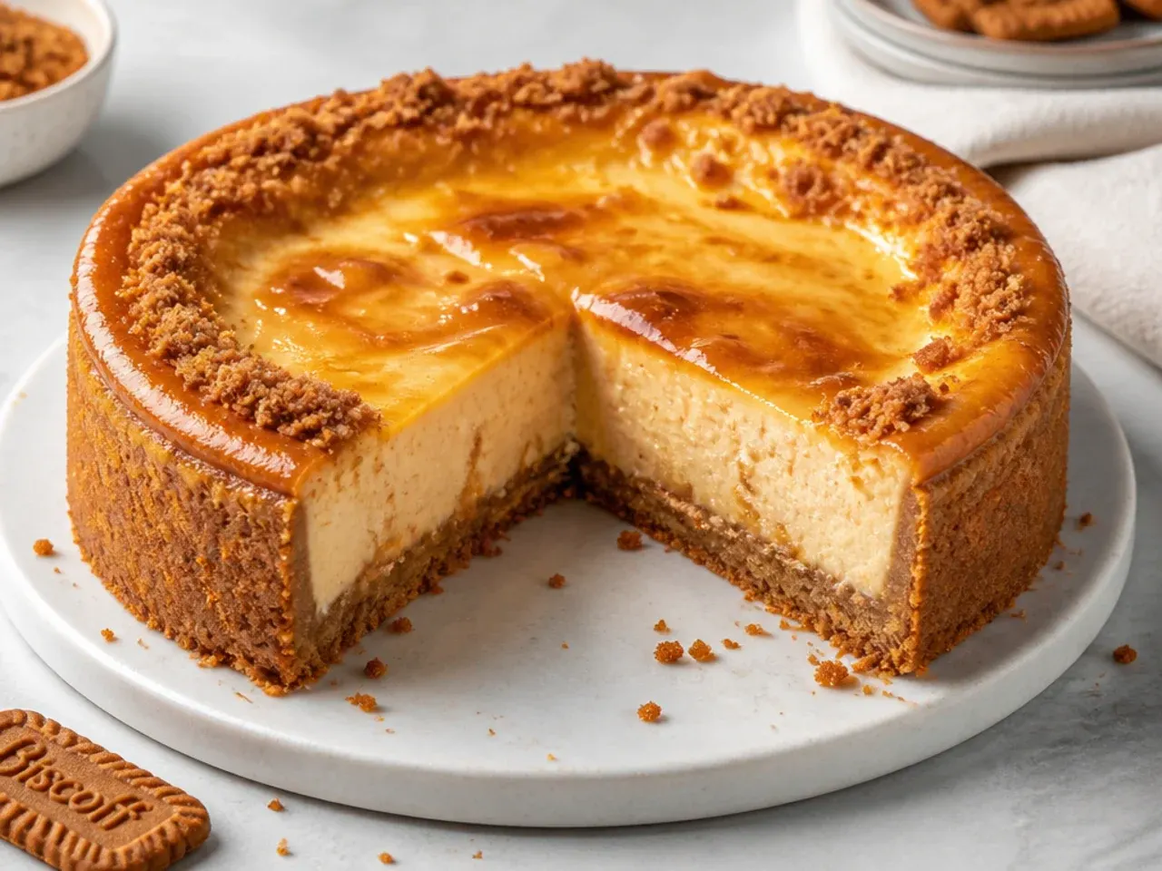 Vintage baked Biscoff cheesecake with a glossy baked sour cream topping and biscuit crumbs