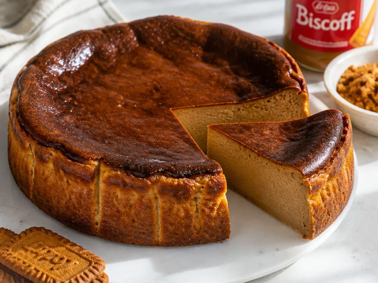 Creative crustless Basque burnt baked Biscoff cheesecake with a deeply bronzed top