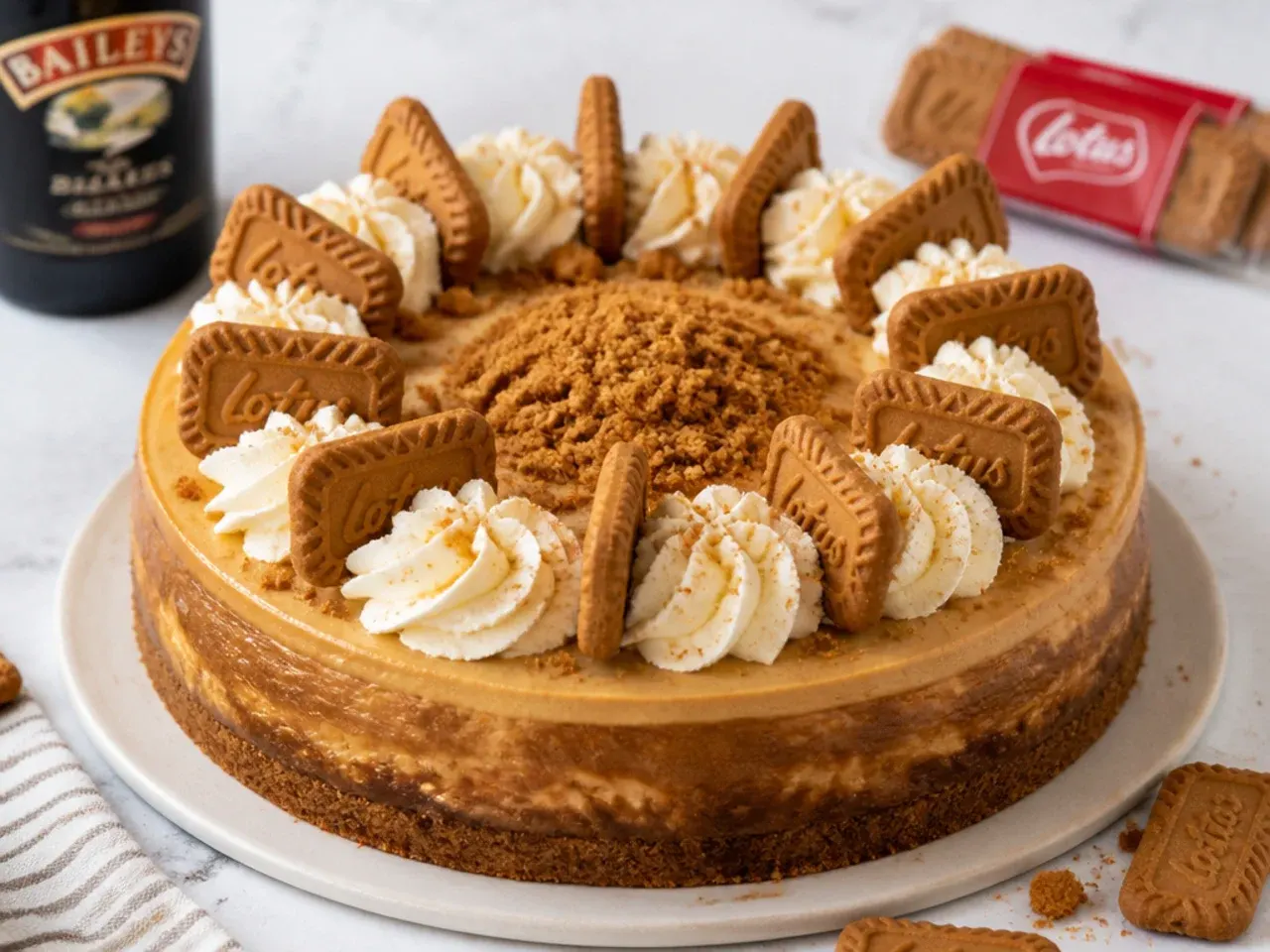 Charming boozy Baileys baked Biscoff cheesecake with piped cream and Lotus biscuits