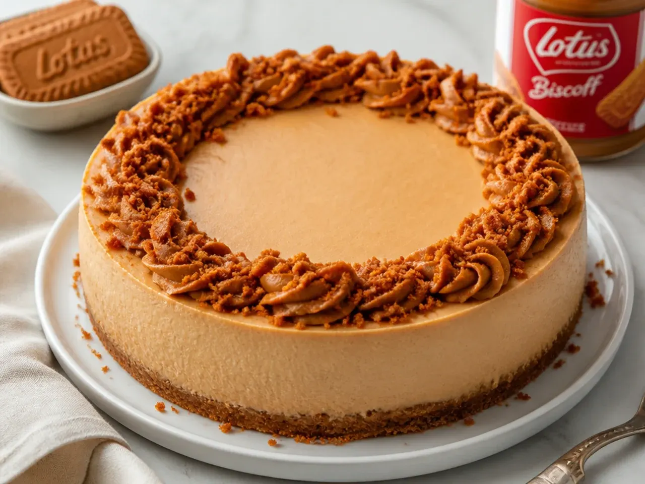 Pro tips for a crack-free baked Biscoff cheesecake with a smooth set surface