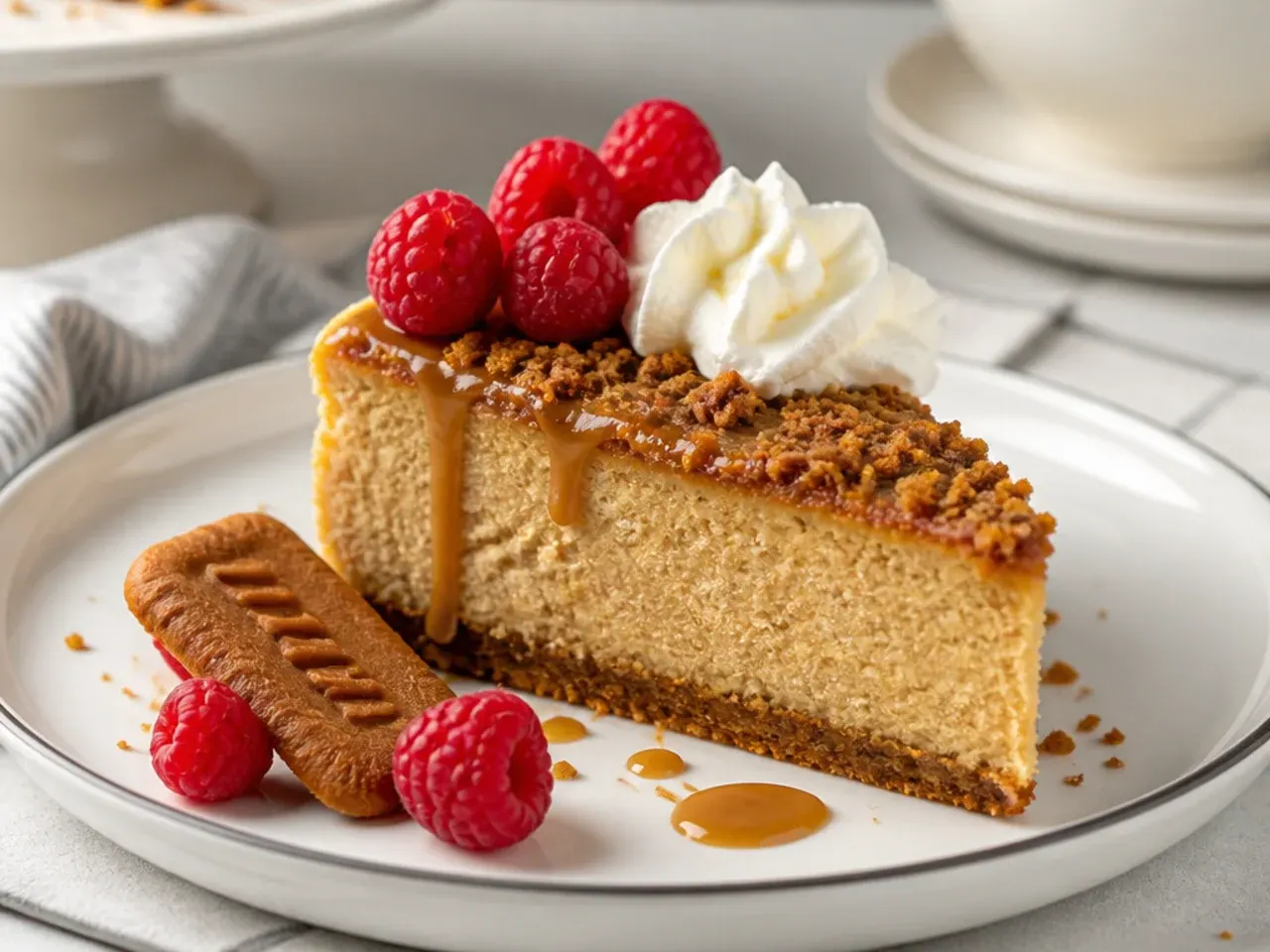 Baked Biscoff cheesecake slice served cold with whipped cream and fresh raspberries