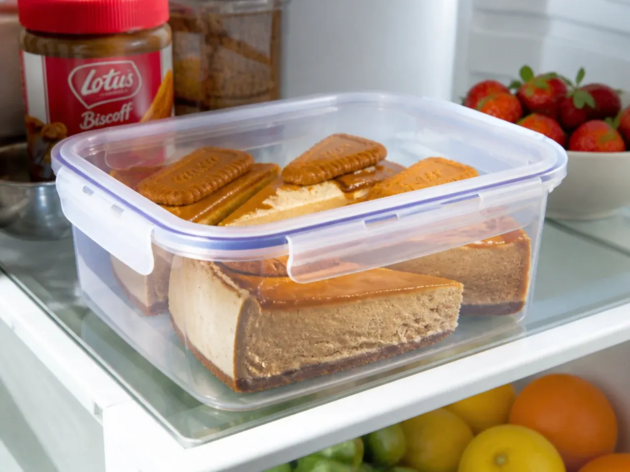 Storing baked Biscoff cheesecake slices covered in an airtight container in the fridge